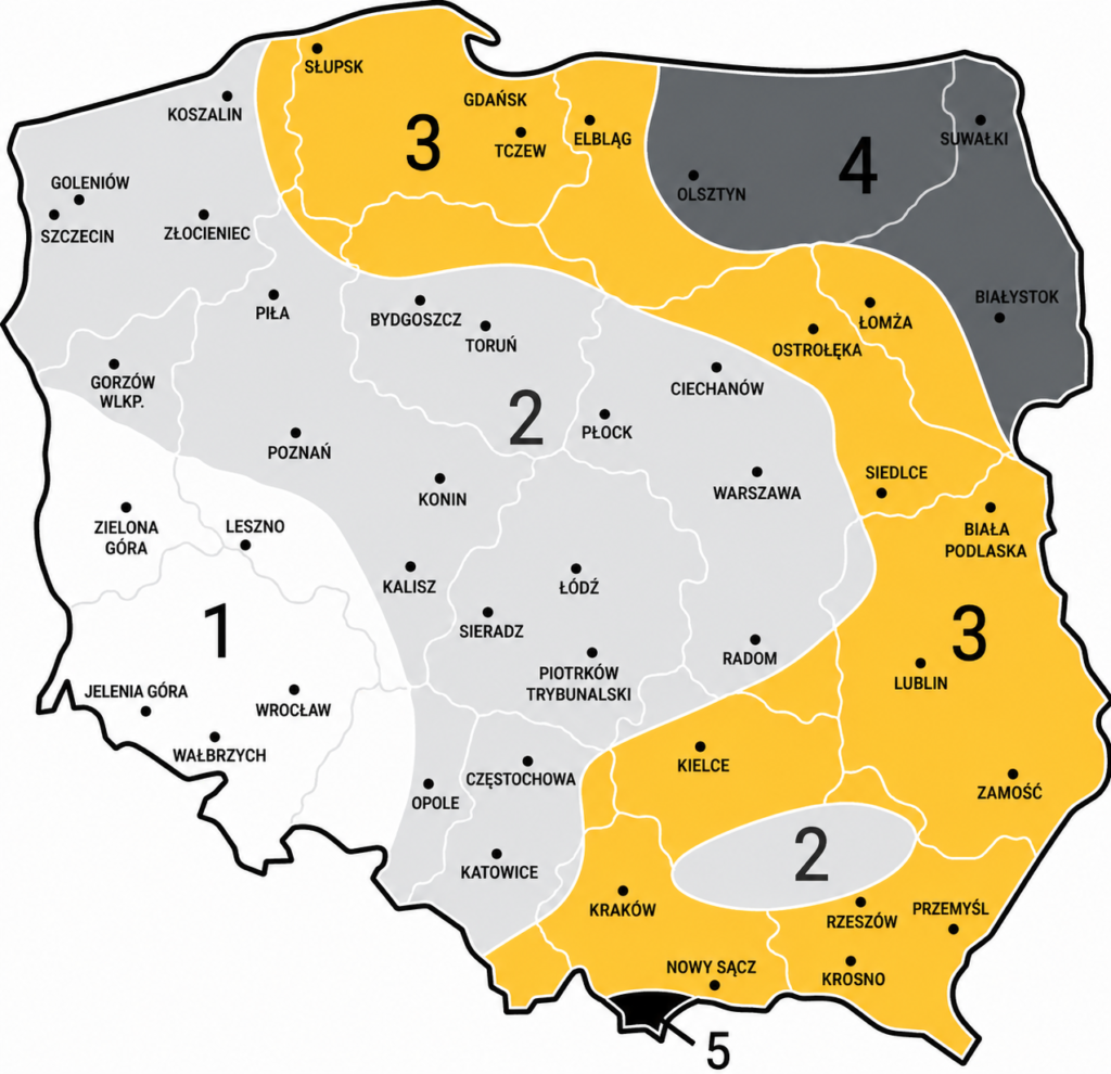 Mapa Polski z podziałem na pięć stref śniegowych, oznaczonych numerami od 1 do 5. Poszczególne strefy wyróżniono kolorami białym, jasnoszarym, żółtym, ciemnoszarym i czarnym oraz zaznaczono na nich wybrane miasta.